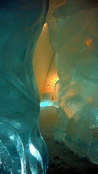 Jukkasjarvi, Sweden, February 27, 2020. one of the sculptures of the ice hotel