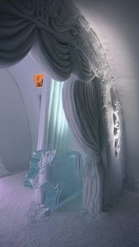 Jukkasjarvi, Sweden, February 27, 2020. one of the sculptures of the ice hotel