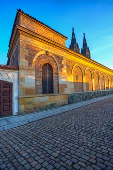 Vysehrad fort in the evening, Prague, Czech Republic. Vyšehrad is a historic fort located in the city of Prague. It was built probably in the 10th century.
