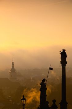 Sunrise over Lesser Town, Prague, Czech Republic. Lessere Town is a hillside area with views across the Vltava river to the old town.
