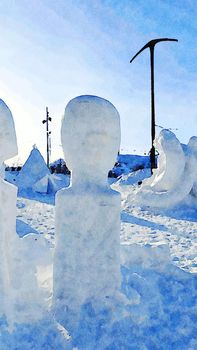 Kiruna, Sweden, February 25, 2020. Watercolor representing ice sculptures in the public park of the city of Kiruna