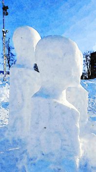 Kiruna, Sweden, February 25, 2020. Watercolor representing ice sculptures in the public park of the city of Kiruna