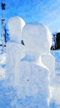 Kiruna, Sweden, February 25, 2020. Watercolor representing ice sculptures in the public park of the city of Kiruna