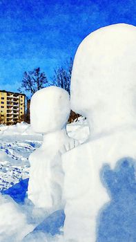 Kiruna, Sweden, February 25, 2020. Watercolor representing ice sculptures in the public park of the city of Kiruna