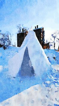 Kiruna, Sweden, February 25, 2020. Watercolor representing ice sculptures in the public park of the city of Kiruna