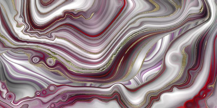 Marble agate abstract background. Wavy marbling fluid design in grey red pastel colours, gold curves. Beautiful poster, elegant header. Horizontal Illustration