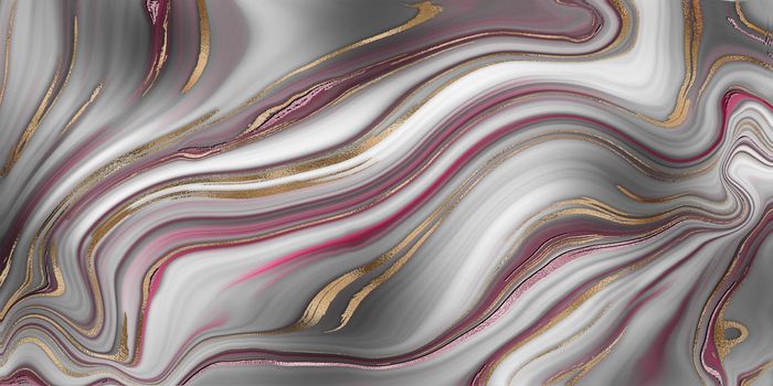 Modern colorful flow marble agate fluid poster. Wave Liquid shape in grey pink pastel color, golden veins. Stone texture, marbled surface, digital marbling background. Illustration