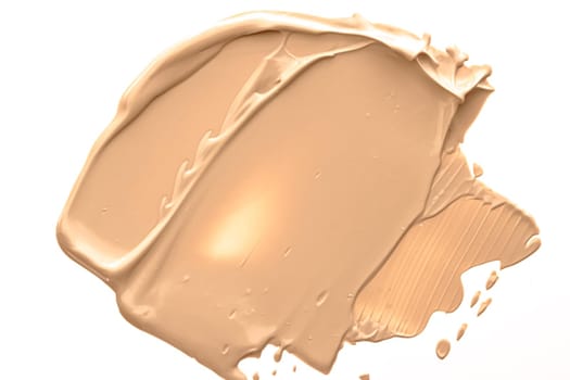 Beige beauty cosmetic texture isolated on white background, smudged makeup emulsion cream smear or foundation smudge, crushed cosmetics product and paint strokes.