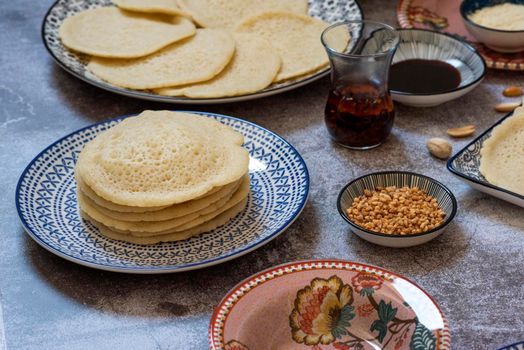 Beautiful traditional Moorish porcelain ceramic plates. illustrated middle eastern design. Marrakech Morocco. High quality photo