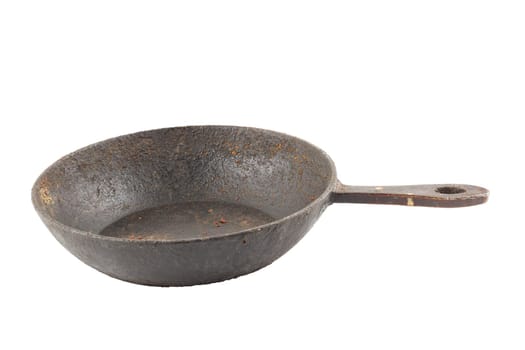 old disgusting stained rusty cast iron pan with burnt fat and food leftovers isolated on white background