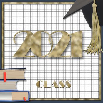 Graduation 2021 cap with tassel. Class of 2021 year on squared graph grid paper. 2021 education graduation congratulation concept. Place for text, copy space. 3D illustration