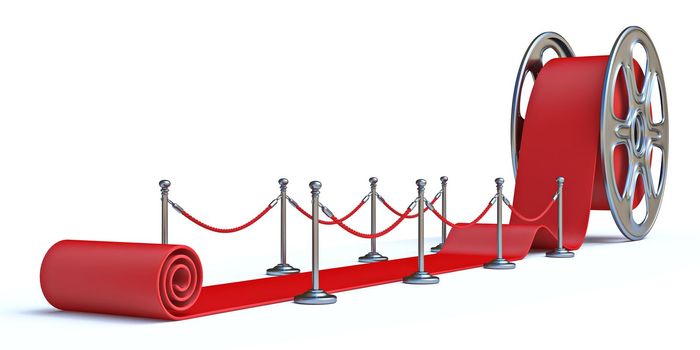 Cinema film roll and red carpet Front view 3D render illustration isolated on white background