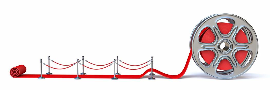 Cinema film roll and red carpet Side view 3D render illustration isolated on white background