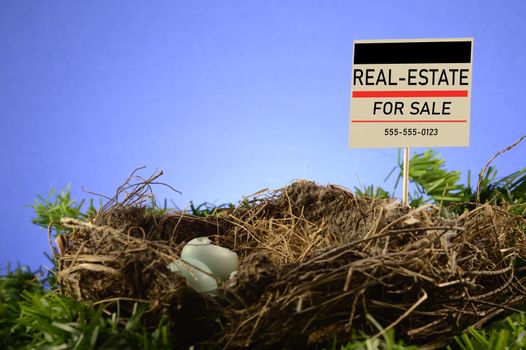 A birds nest with a for sale property sign to conceptualize the real estate industry.
