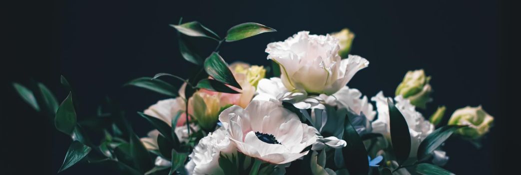 Flower bouquet on black background, beautiful floral arrangement, creative flowers and floristic design ideas