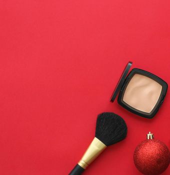 Cosmetic branding, fashion blog cover and girly glamour concept - Make-up and cosmetics product set for beauty brand Christmas sale promotion, luxury red flatlay background as holiday design