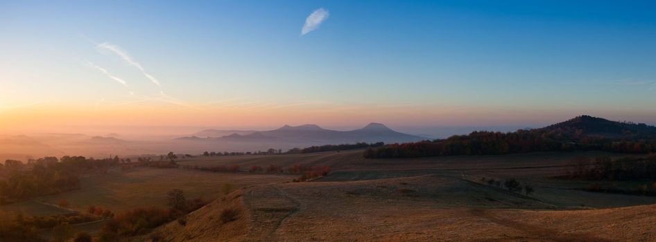 Morning in Central Bohemian Uplands, Czech Republic. View from the hill at sunrise. Nature monument