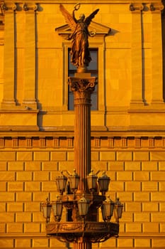 Historic street lamp in front of Rudolfinum, Prague, Czech Republic. The Rudolfinum is a building in Prague. It is designed in the neo renaissance style.Since its opening in 1885 it has been associated with music and art.