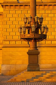 Historic street lamp in front of Rudolfinum, Prague, Czech Republic. The Rudolfinum is a building in Prague. It is designed in the neo renaissance style.Since its opening in 1885 it has been associated with music and art.