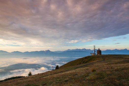 Autumn morning in ski resort, Carnic Alps, Austria. Beautiful view from the tower on the Slovenia mountains