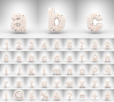 Terrazzo pattern alphabet with lowercase letters on white background. 3D rendered letters numbers and font symbols with terrazzo texture.