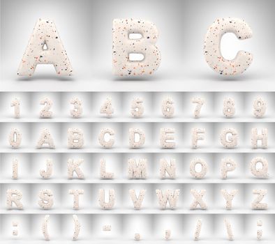 Terrazzo pattern alphabet with uppercase letters on white background. 3D rendered letters numbers and font symbols with terrazzo texture.