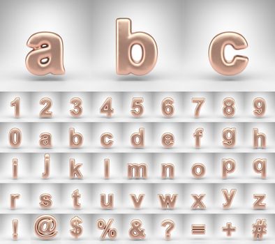 Matte copper alphabet with lowercase letters on white background. 3D rendered letters numbers and font symbols with shiny metallic texture.