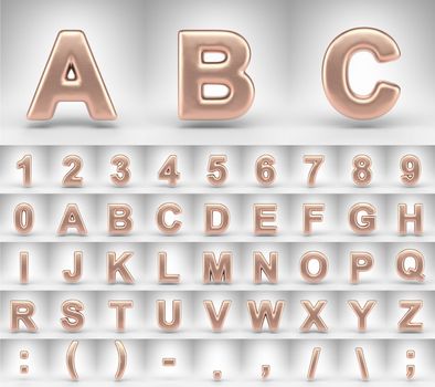 Matte copper alphabet with uppercase letters on white background. 3D rendered letters numbers and font symbols with shiny metallic texture.