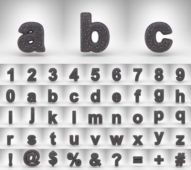 Black matte alphabet with lowercase letters on white background. 3D rendered letters numbers and font symbols with copper dots.