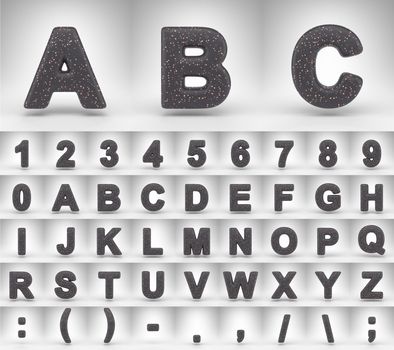 Black matte alphabet with uppercase letters on white background. 3D rendered letters numbers and font symbols with copper dots.