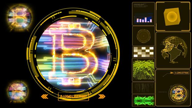 bitcoin cryptocurrency copy space HUD monitor tesseract graph and monitor digital CCTV has locked graph bar radar isolated background