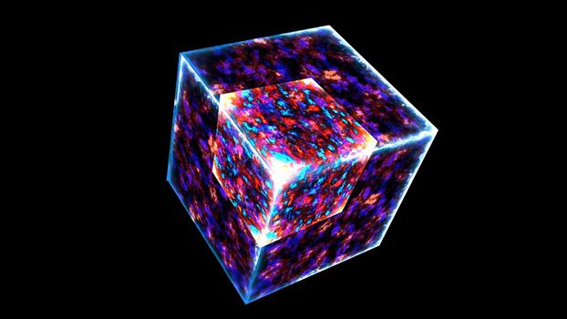 powerful magic ice bolt cube fusion and violet power mystery energy surface and eternal flame cube in the core on black background