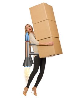 Businesswoman delivering boxes isolated on white background