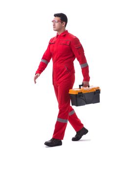 Contractor worker in red coveralls with toolbox isolated on white