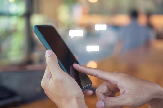 Woman and hold smartphone play social media with communication icon. Technology concept.