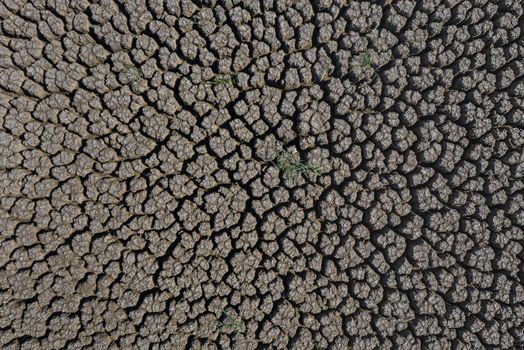 Environmental disaster, aerial shot of drought deep cracked earth surface lit by the sun