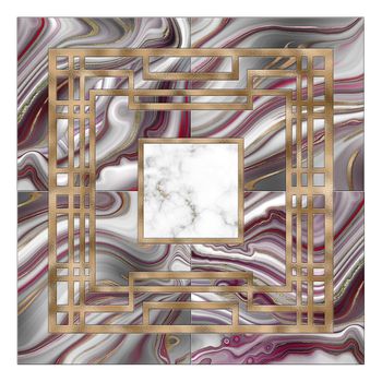 abstract art deco marble agate fluid geometric background, modern minimalist mosaic inlay. Pink grey marble agate, gold. Artificial stone, marbled tile, fashion marbling. illustration