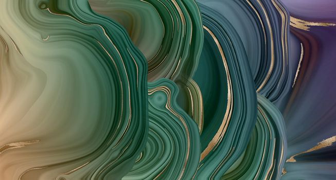 Abstract agate fantasy background in green. Marble agate beautiful design with gold veins. Horizontal Illustration