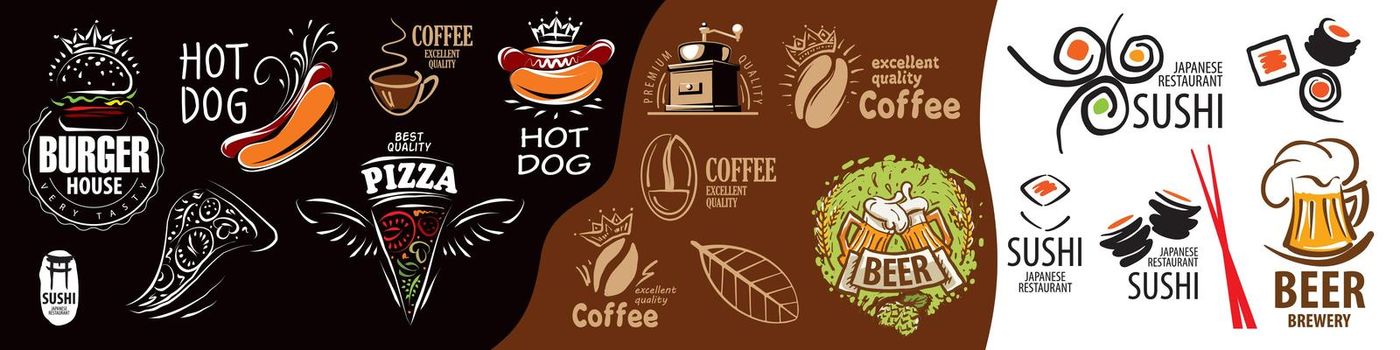 Vector set of drawn signs of fast food, coffee, pizza, burgers, hot dogs, sushi, beer.