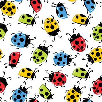 Fashion animal seamless pattern with colorful ladybird on white background. Cute holiday illustration with ladybags for baby. Design for invitation, poster, card, fabric, textile.