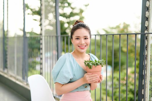 Green plants in pot in beautiful happy asian woman hands on balcony at apartment in the morning 