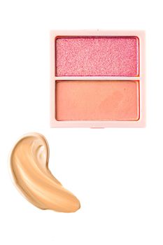 Eye shadow powder or blush makeup palette as flat lay, pink and orange cosmetic smear, eyeshadow and lip gloss isolated on white background, cosmetics flatlay closeup and beauty make-up texture.