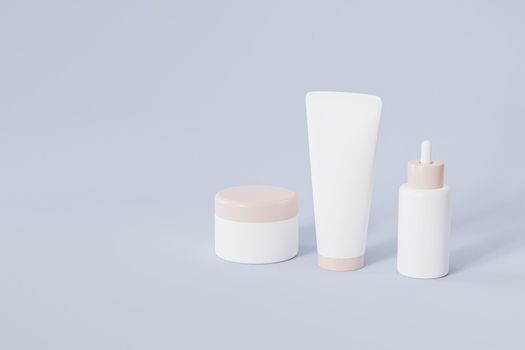Mockup bottle, tube and jar for cosmetics products, template or advertising on blue background, 3d illustration render