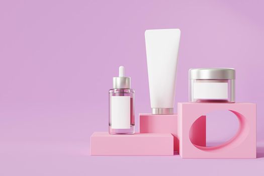Mockup bottle, tube and jar for cosmetics products, template or advertising, pink background, 3d illustration render