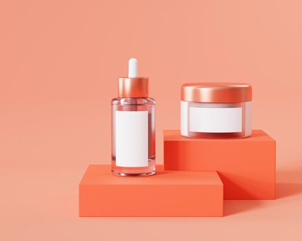 Mockup bottle and jar for cosmetics products, template or advertising, orange background, 3d illustration render