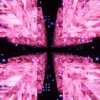 Sci-fi abstract cubes in space with blue and pink neon lights. Future or big data concept, 3d Render.