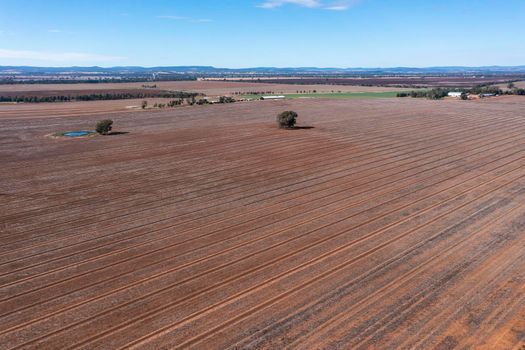 Drone aerial photograph of burnt agricultural fields in regional New South Wales in Australia