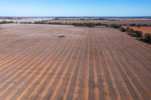 Drone aerial photograph of burnt agricultural fields in regional New South Wales in Australia