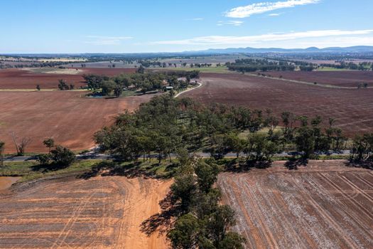 Drone aerial photograph of burnt agricultural fields in regional New South Wales in Australia