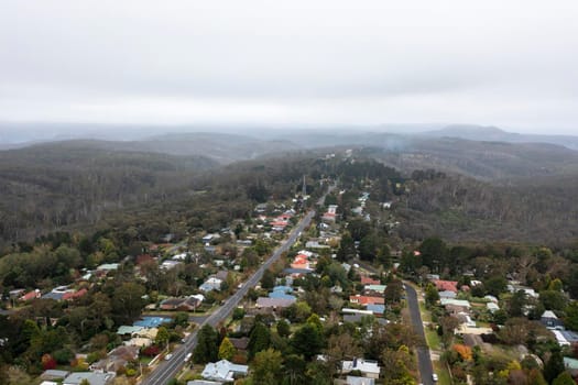 Drone aerial photograph of low clouds over Blackheath in The Blue Mountains in regional New South Wales in Australia